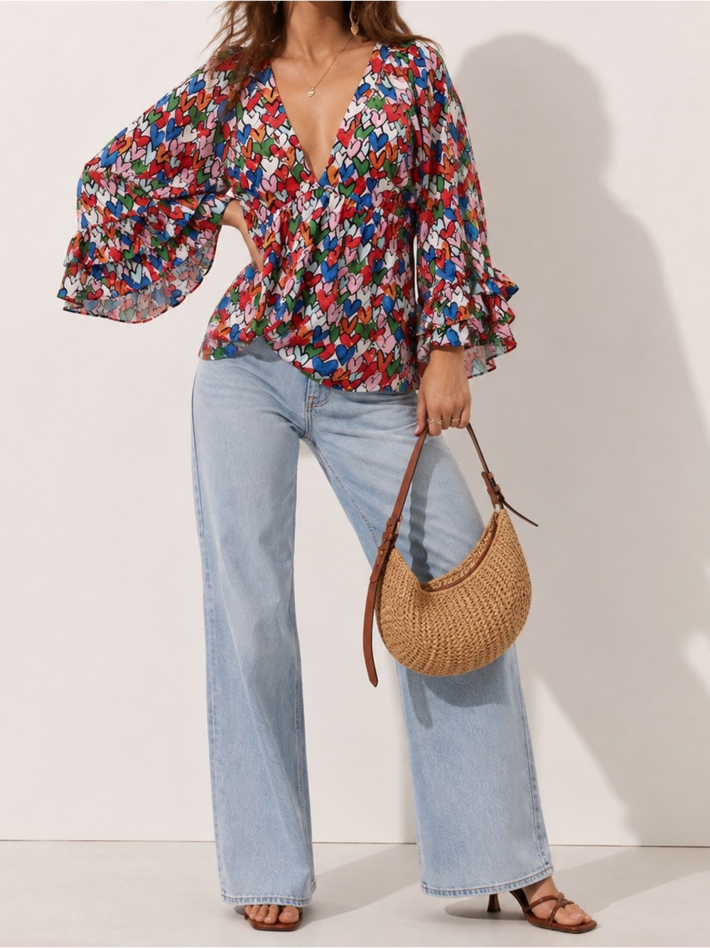 Wayward Fancies Eshakti Colorful Bright Heart Print Balloon Sleeve Tunic Top L